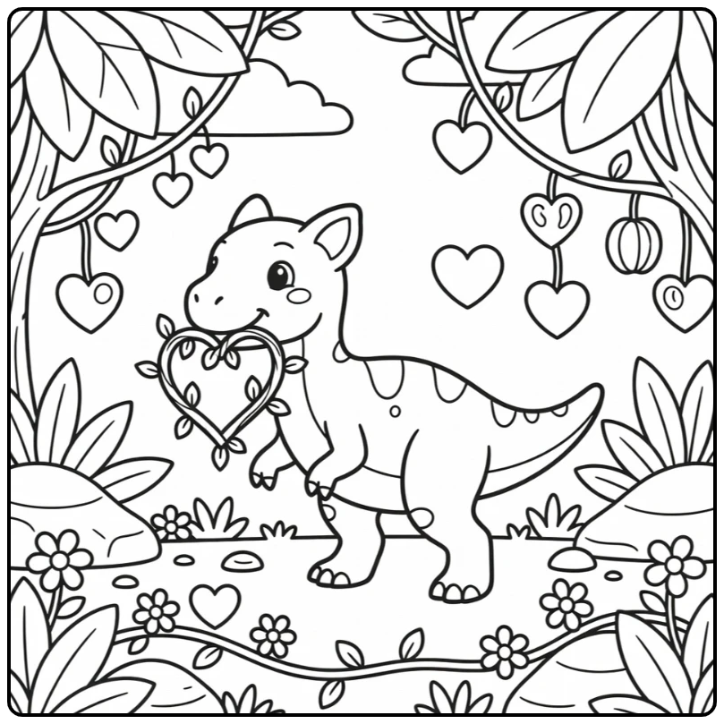 dinosaur valentine coloring page with baby Ceratosaurus