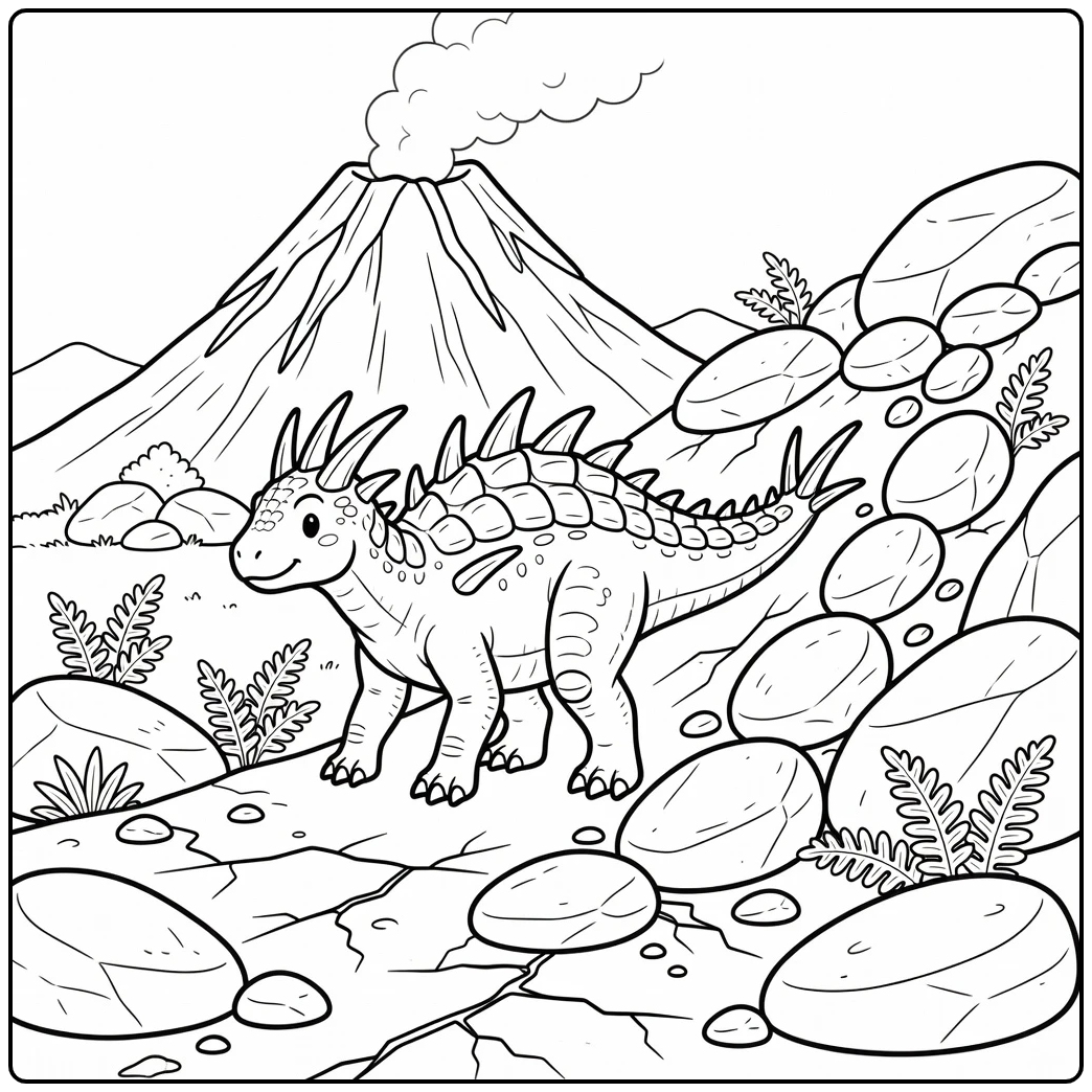 dinosaur volcano coloring page with Kentrosaurus tail spikes