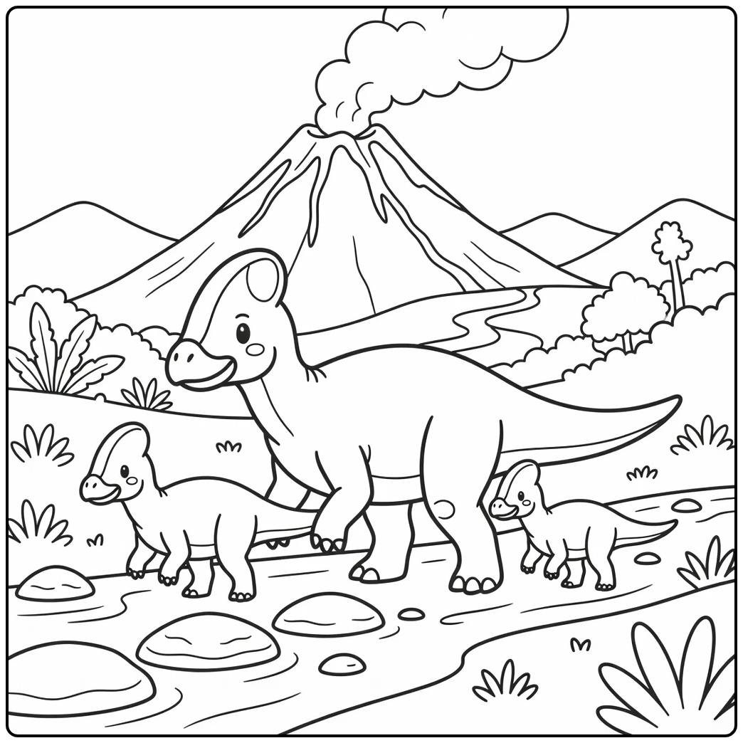 Dinosaur volcano coloring page showing Corythosaurus family