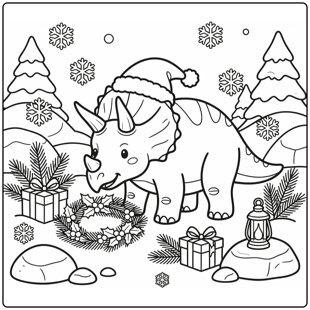 dinosaur with christmas hat coloring page cute scene