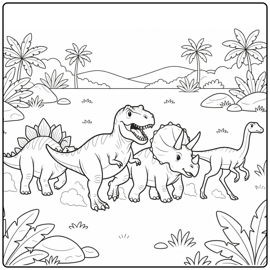 dinosaurs coloring page of four dinosaurs running on plain
