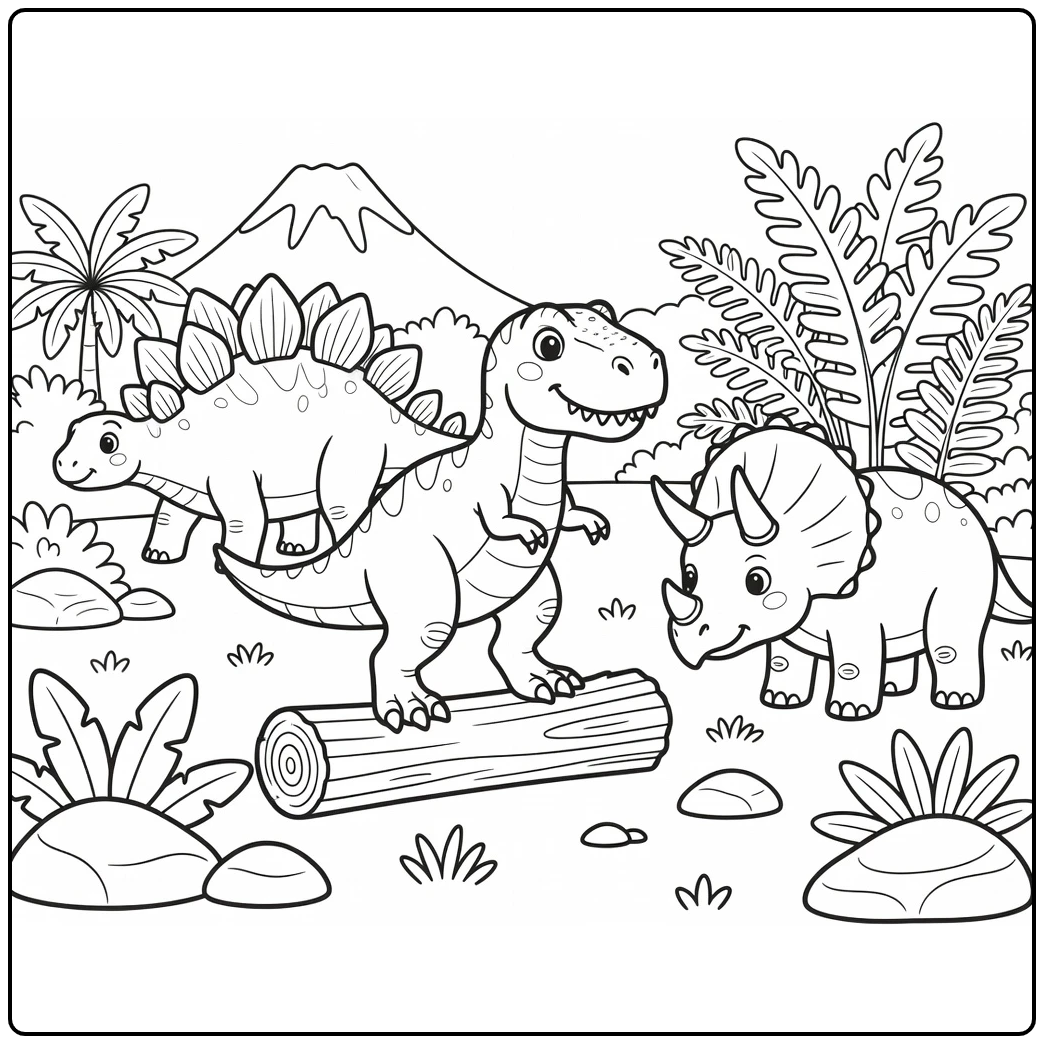 dinosaurs coloring page of T-rex, Triceratops and Stegosaurus