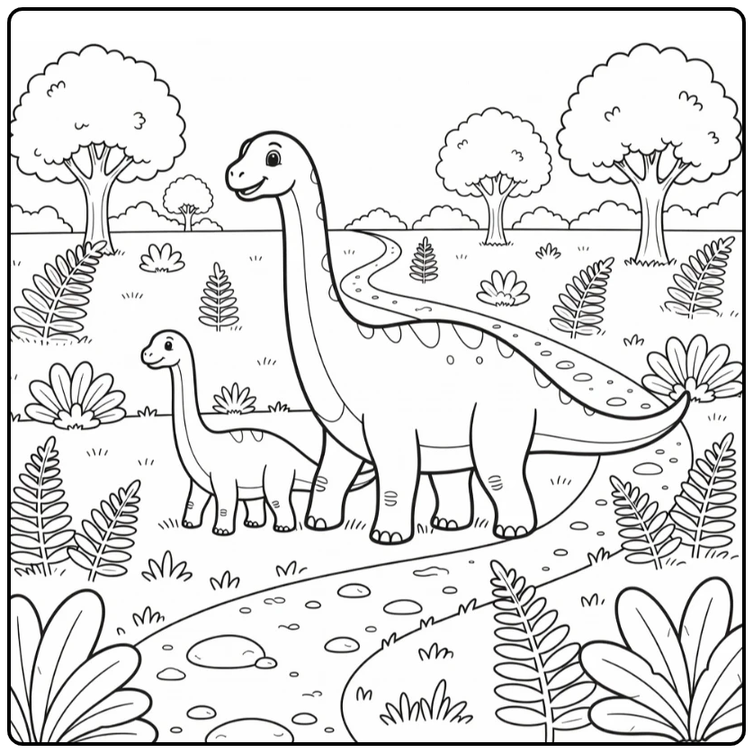 Diplodocus coloring page with adult and baby in fern meadow