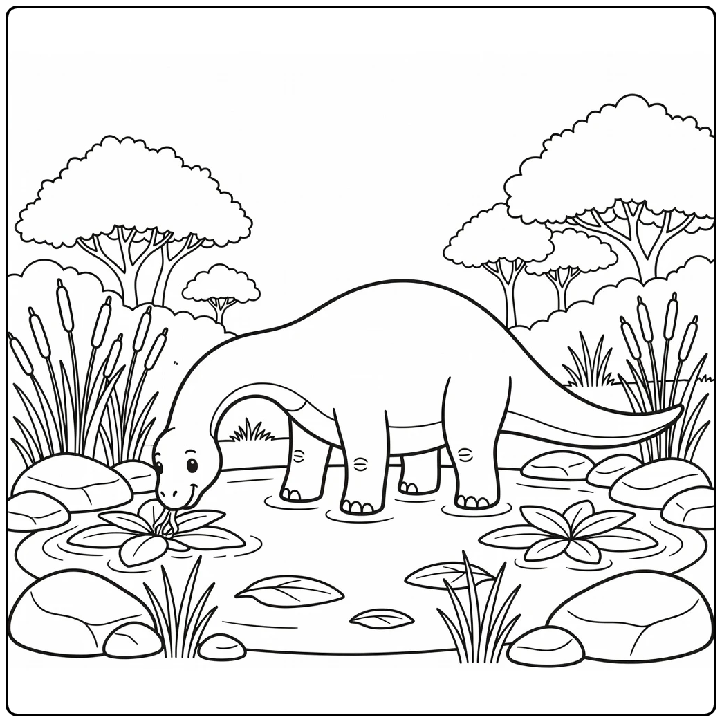 Diplodocus coloring page dinosaur drinking from pond