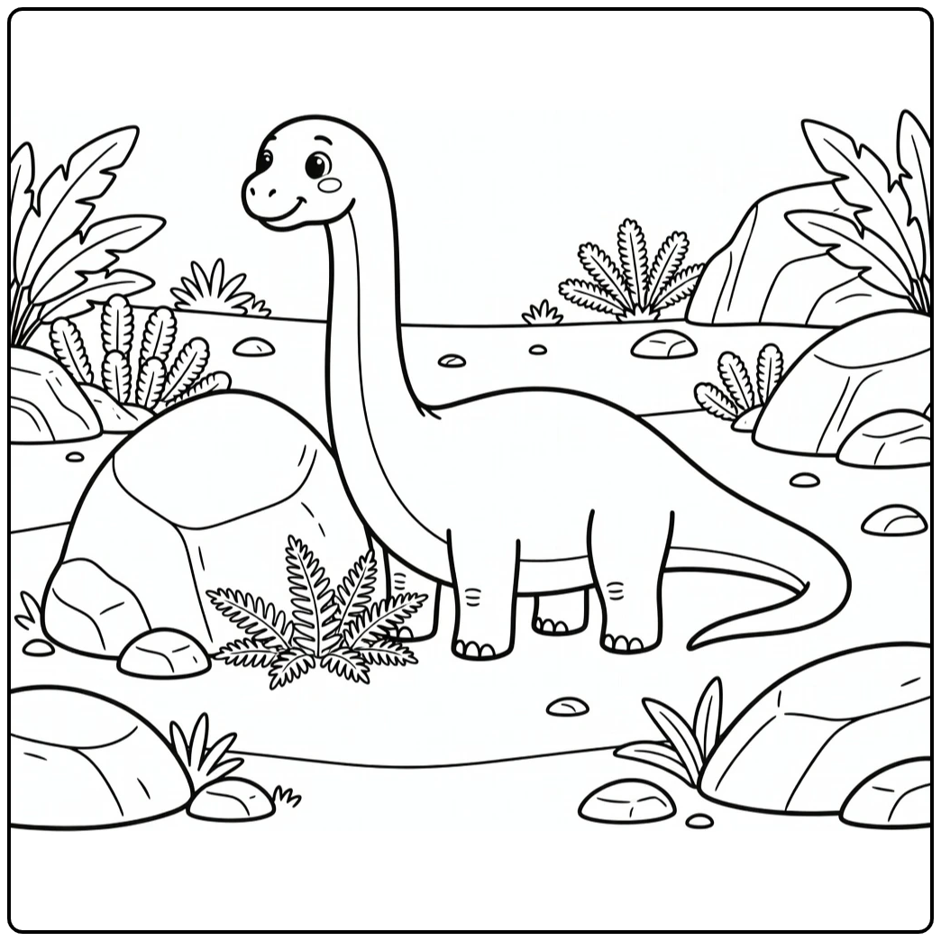 Diplodocus coloring page reaching ferns around boulder