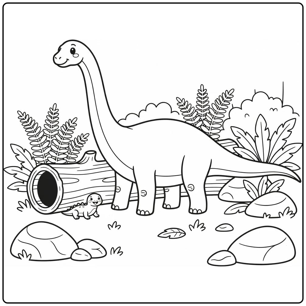 Diplodocus coloring page with lizard by hollow log