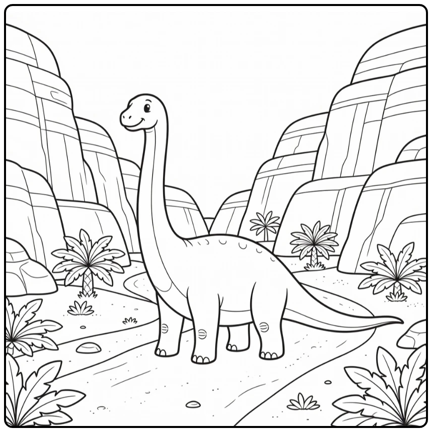 Diplodocus coloring page in canyon passage with rocks