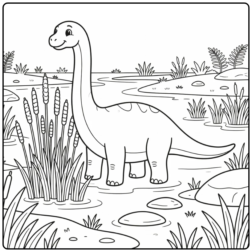 Diplodocus coloring page in prehistoric marsh with reeds
