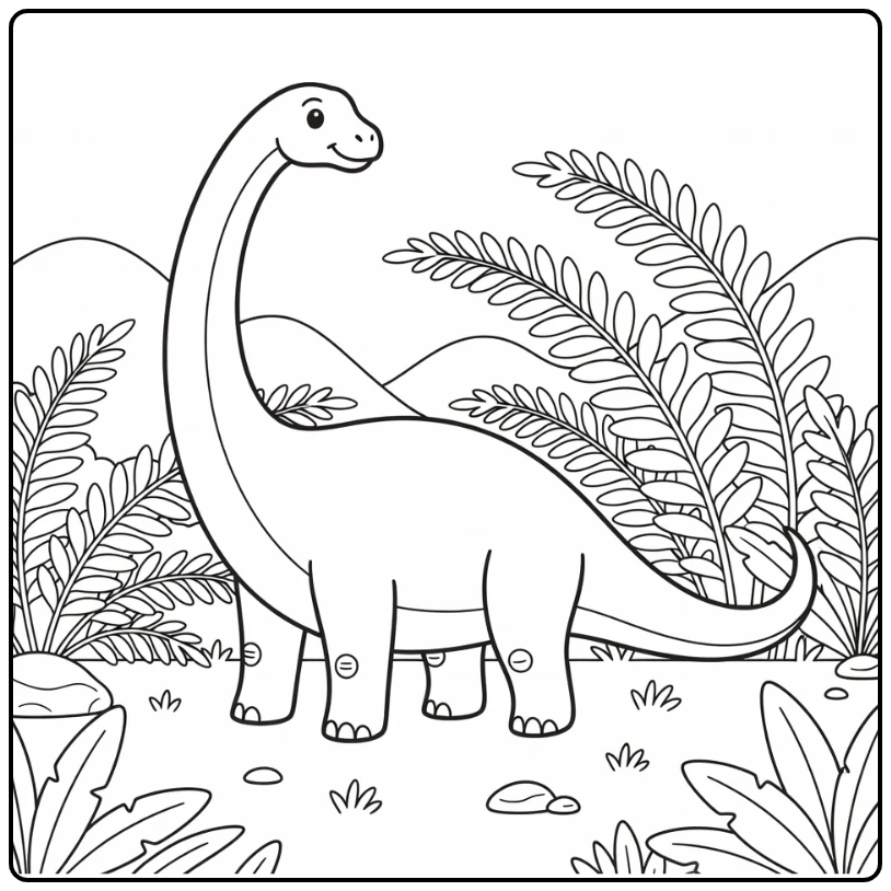 Diplodocus coloring page with ferns and gentle breeze