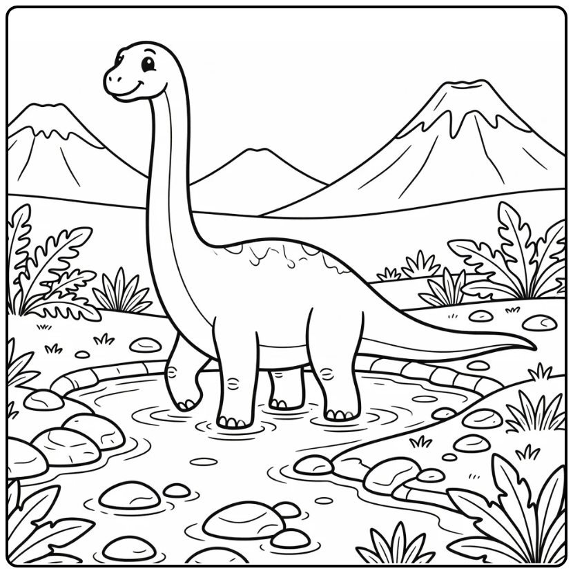 Cute diplodocus coloring page crossing shallow stream