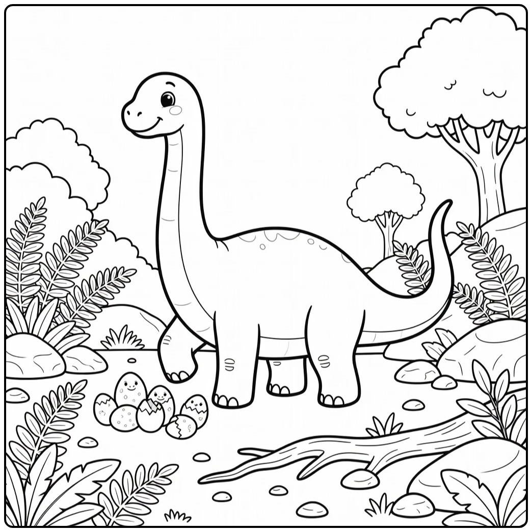 Diplodocus coloring page with mother near hatching eggs