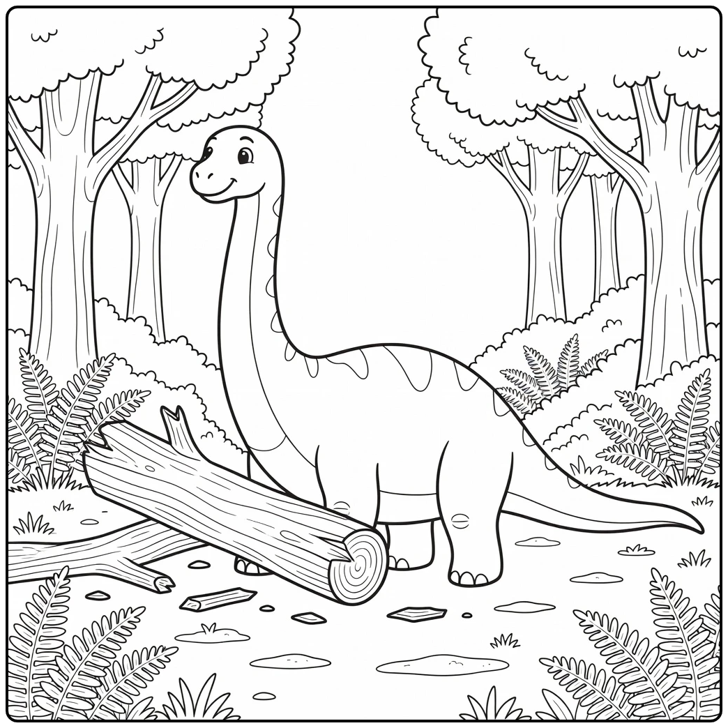 Diplodocus coloring page showing dinosaur nudging log in woods