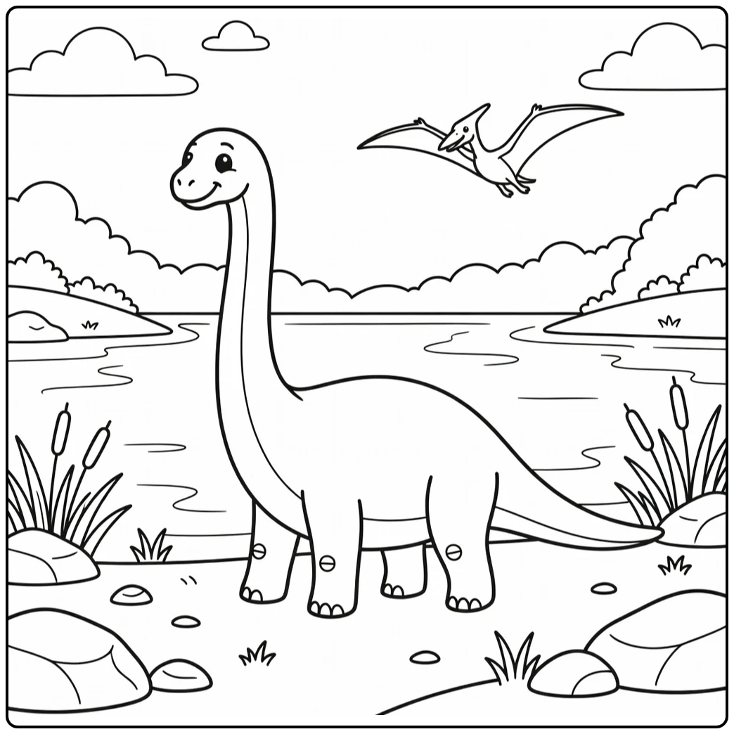 Diplodocus coloring page with dinosaur by lake and pterosaur