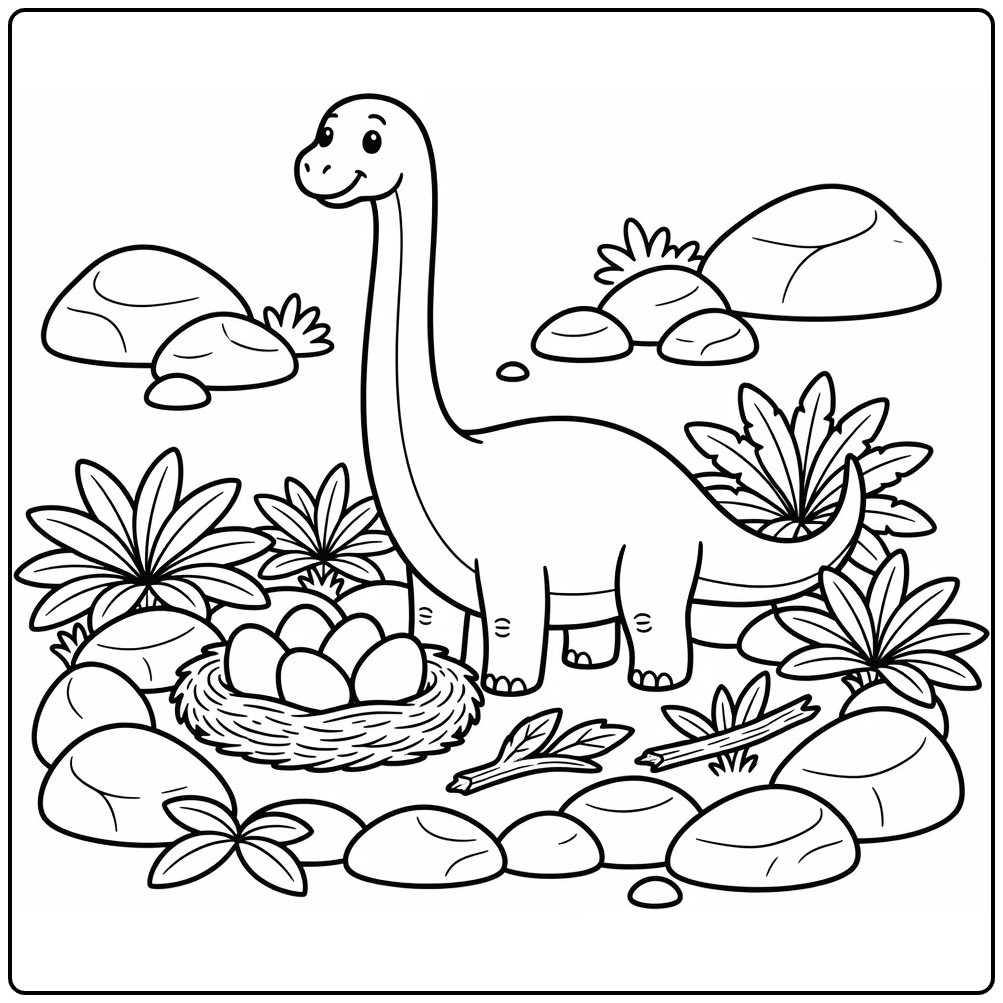 Diplodocus coloring page with dinosaur guarding egg nest