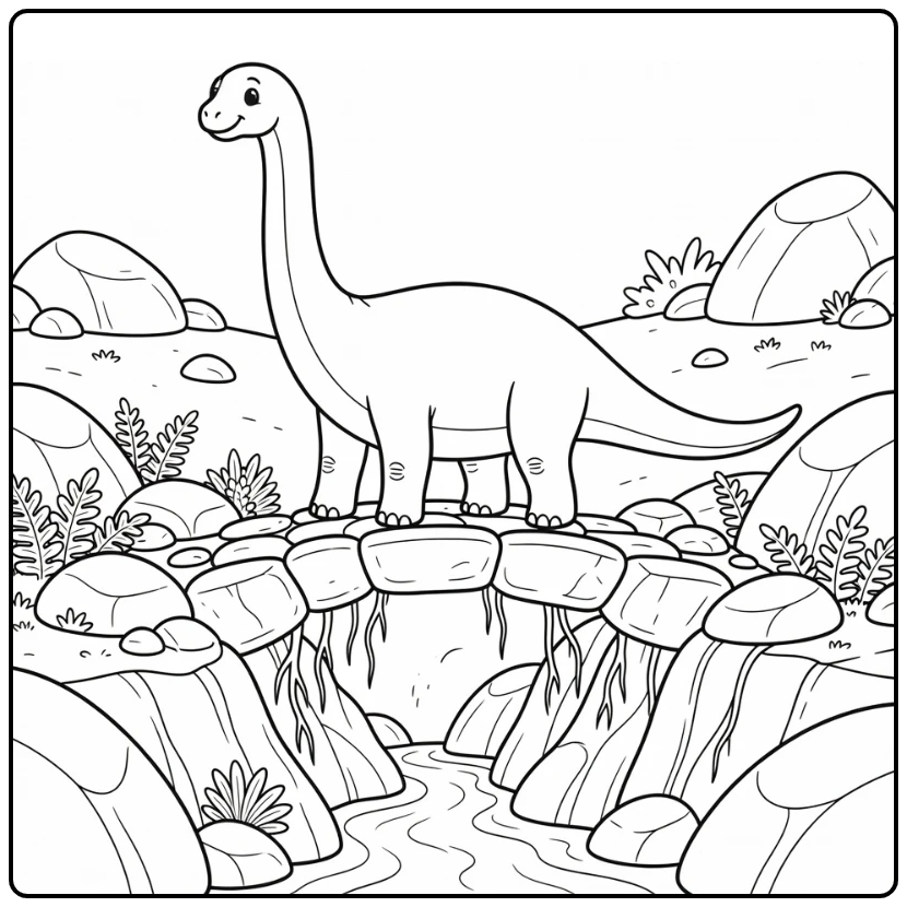 Diplodocus coloring page crossing stone bridge over ravine