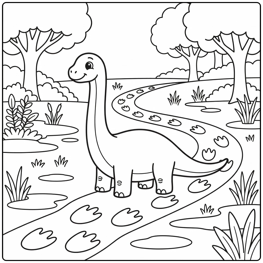 Diplodocus coloring page following footprint trail