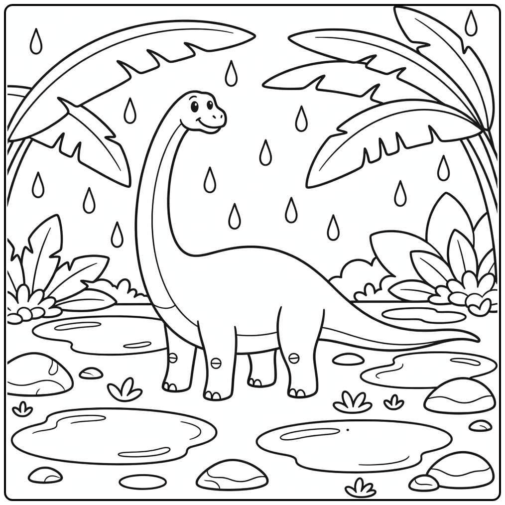 Diplodocus coloring page in gentle rain with leaves