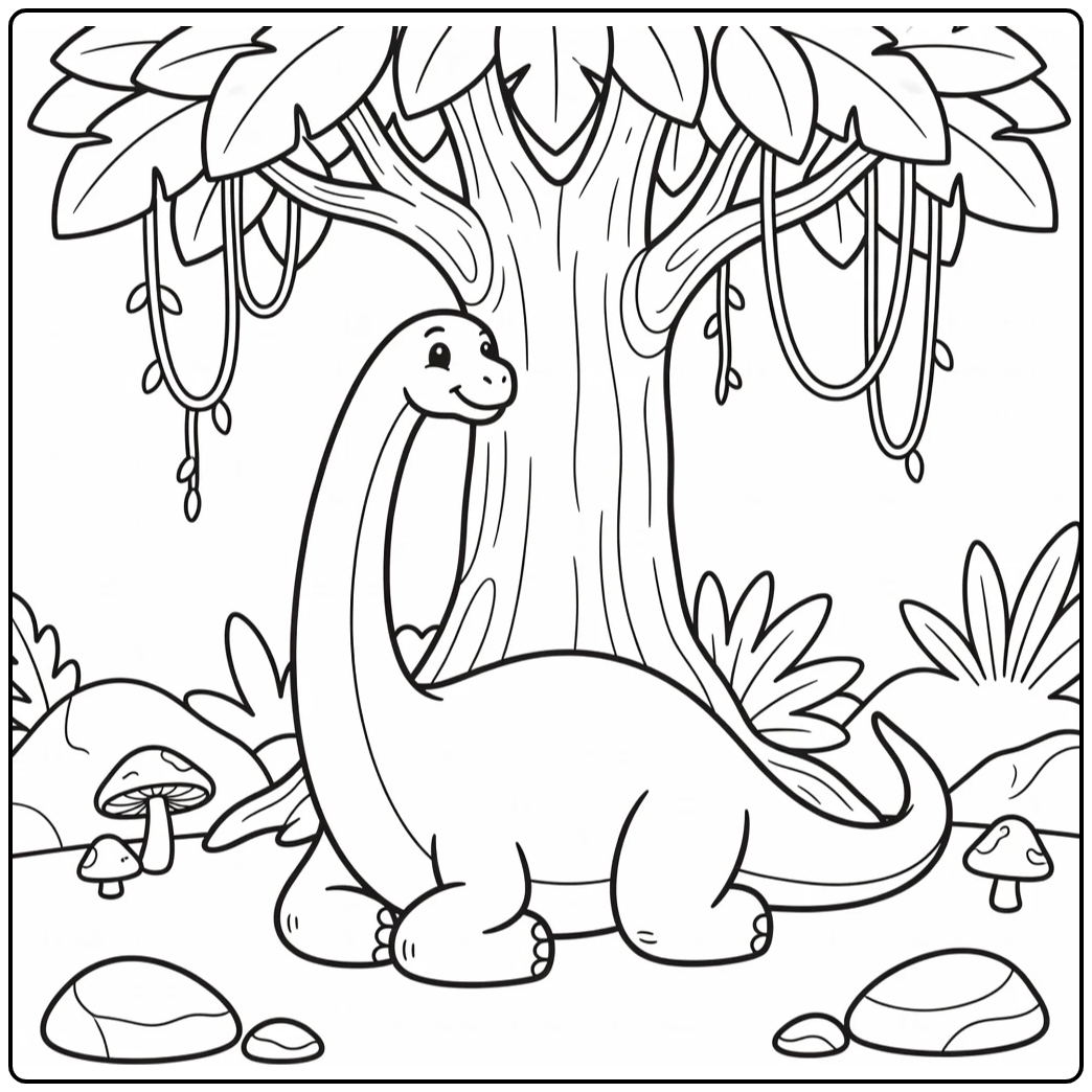 Cute diplodocus coloring page resting under prehistoric tree