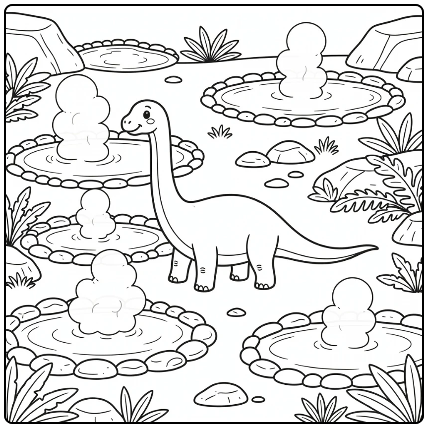 Diplodocus coloring page near bubbling prehistoric hot spring