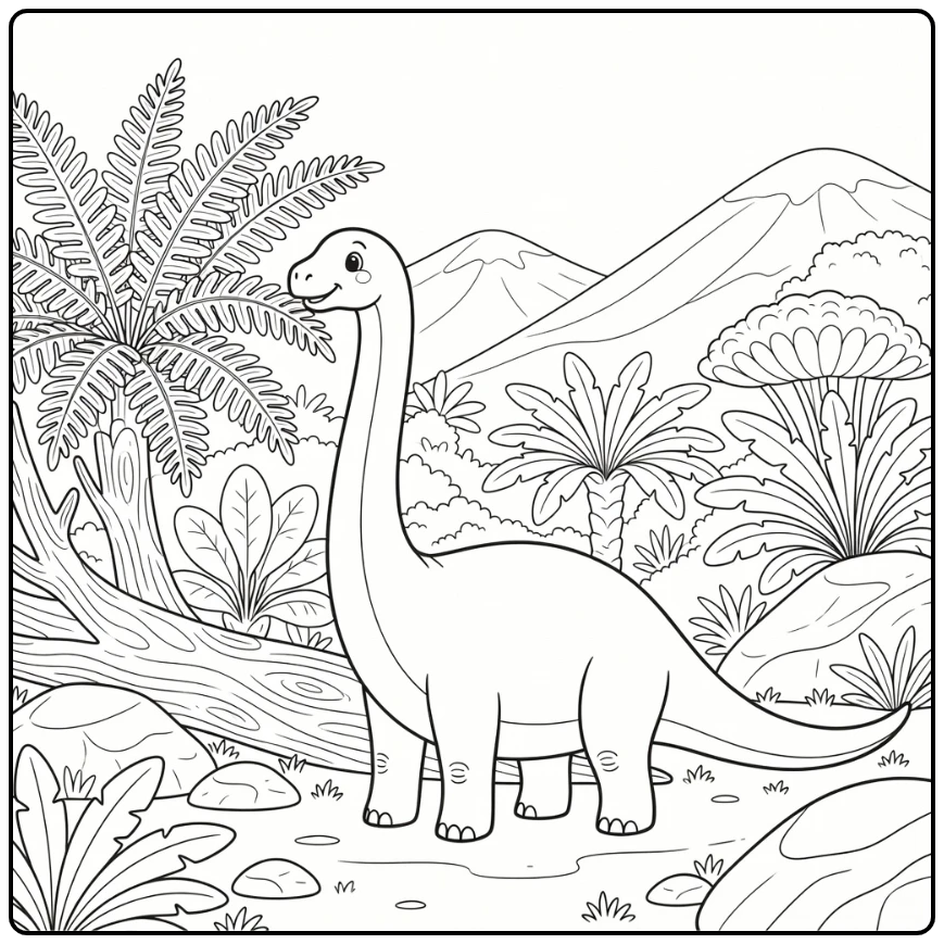 Diplodocus coloring page eating ferns by tree trunk