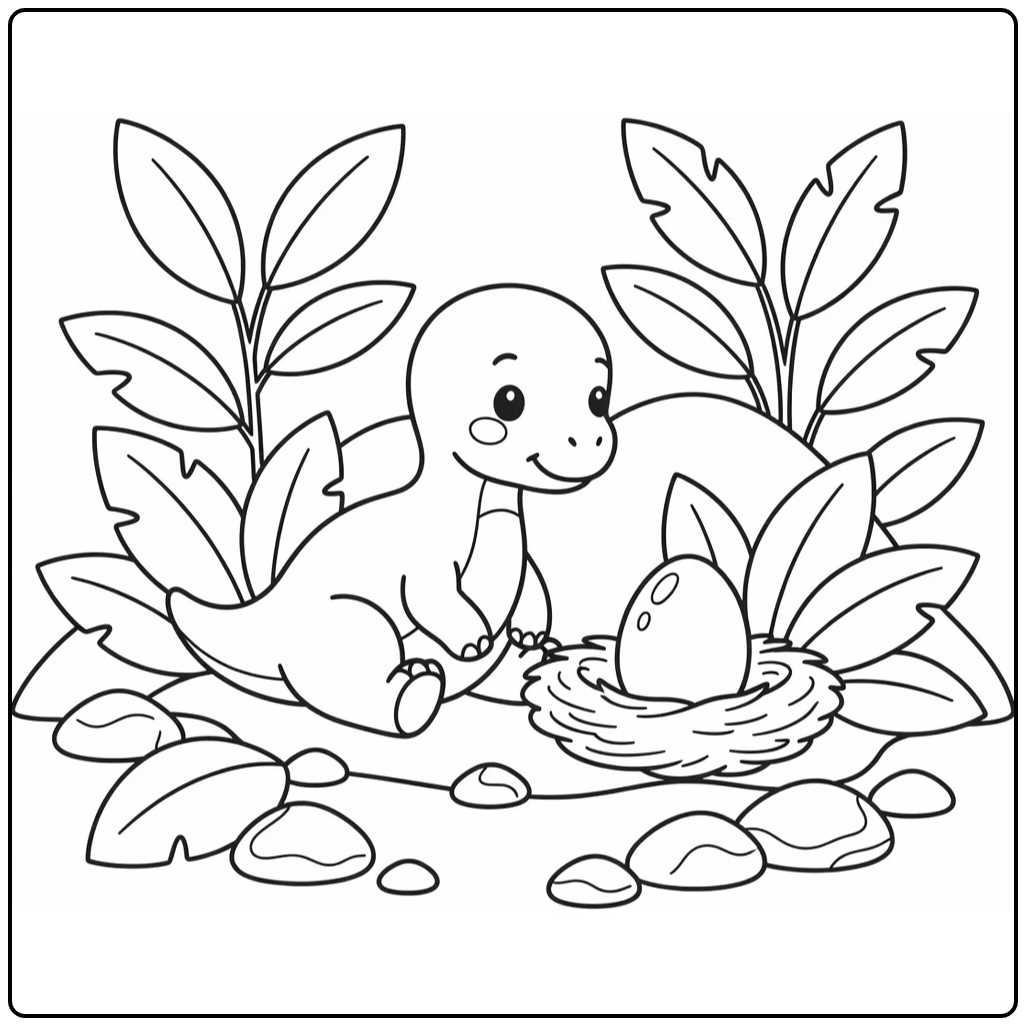 Easy baby dinosaur coloring page of Maiasaura by nest