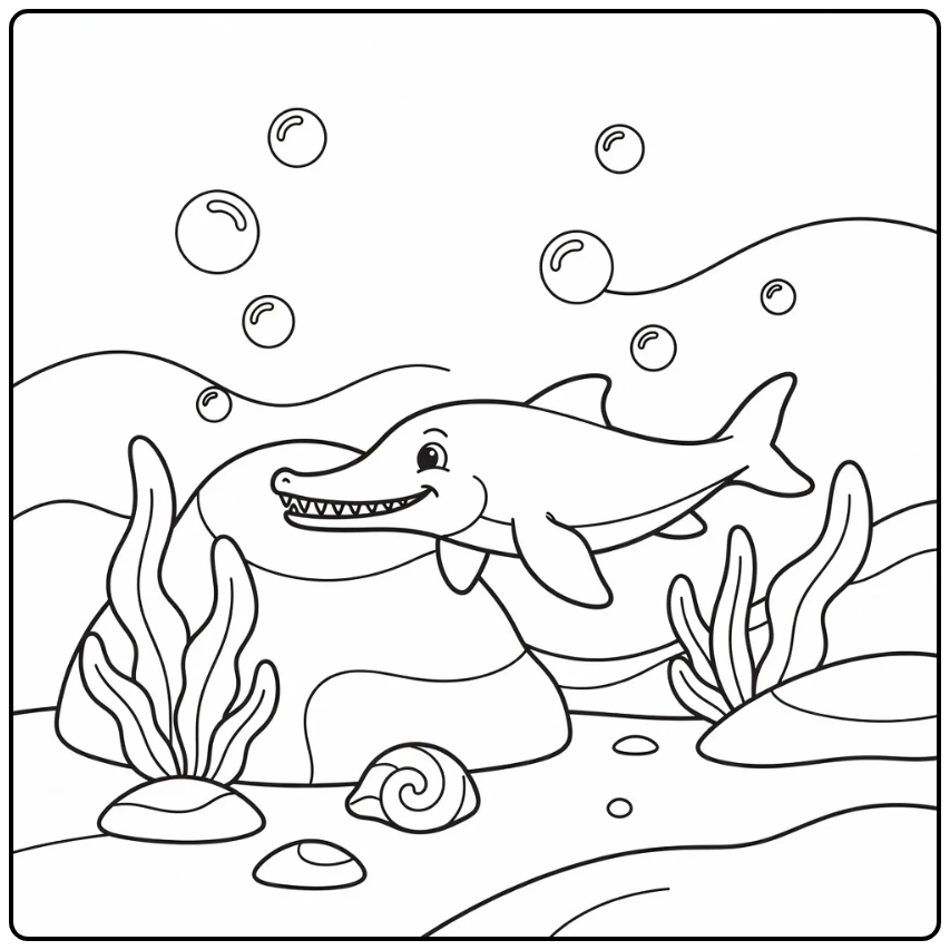 Easy dinosaur coloring page baby Ichthyosaurus underwater scene