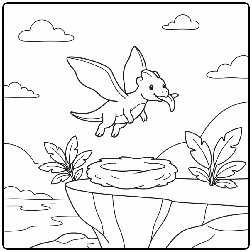Easy dinosaur coloring page with baby Dimorphodon over cliff