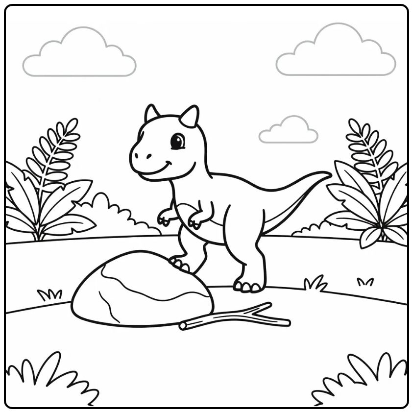 Easy dinosaur coloring page of baby Carnotaurus on path