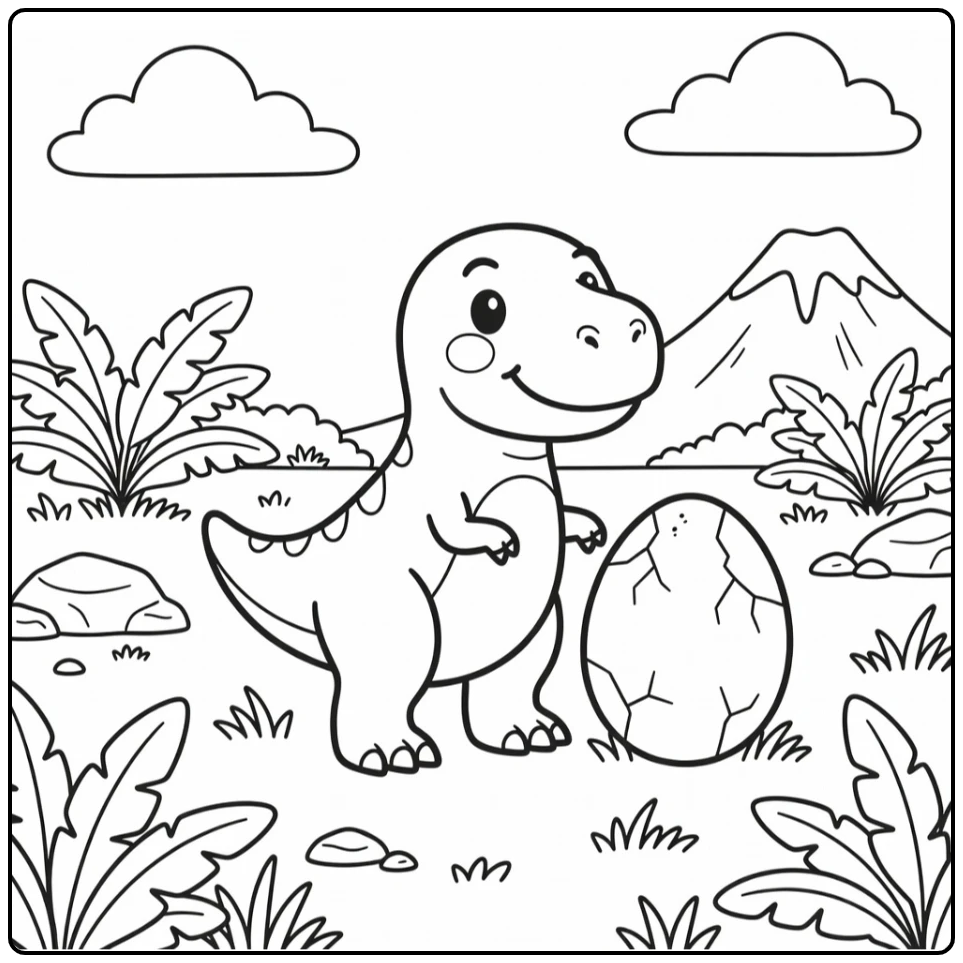 Easy t rex coloring page with cute T rex and cracked egg