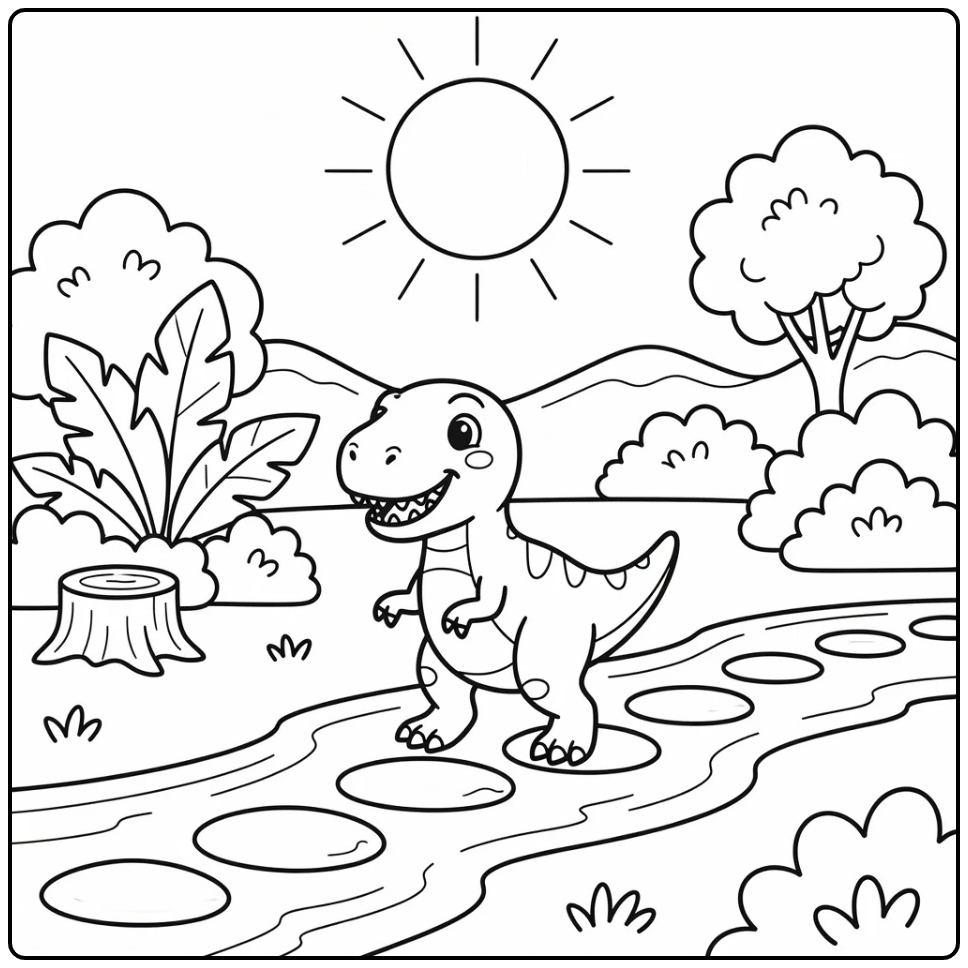 Cute easy t rex coloring page baby dinosaur on stepping stones