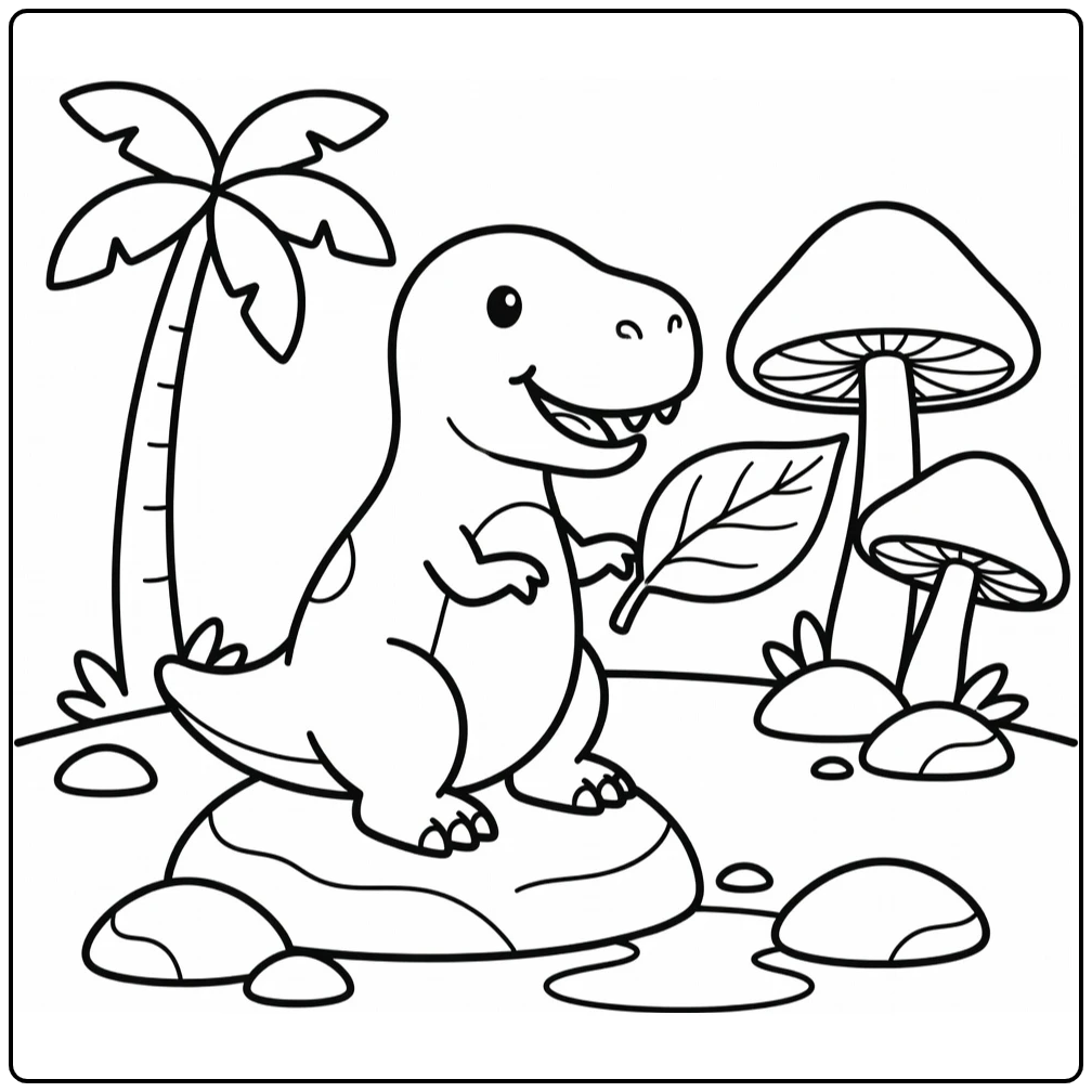 Easy t rex coloring page cute dinosaur reaching for leaf