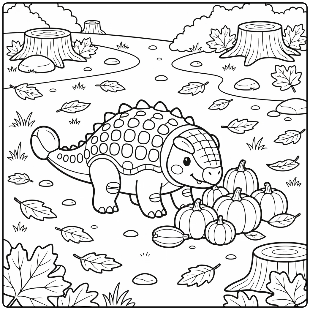 Fall dinosaur coloring page Euoplocephalus with gourds