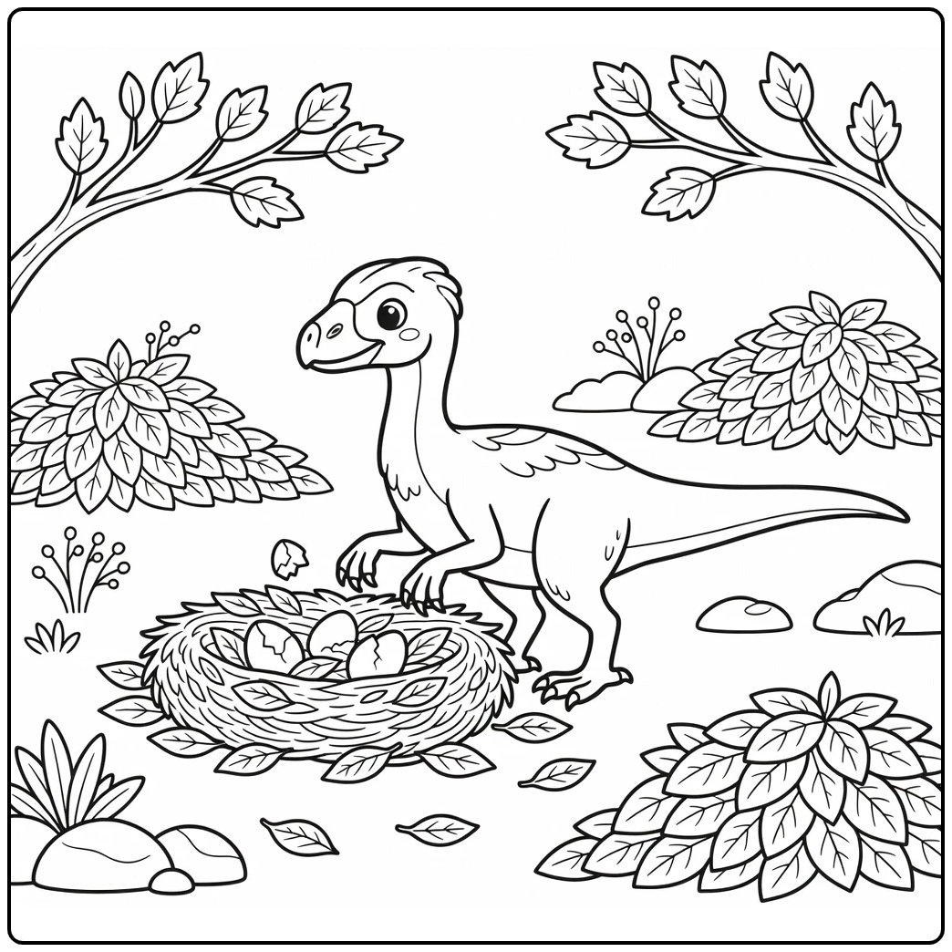Fall dinosaur coloring page of Oviraptor inspecting autumn nest