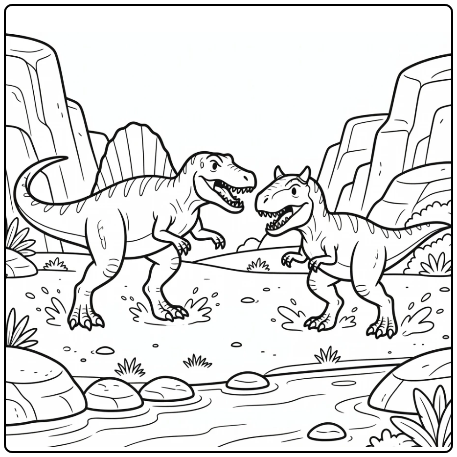 fighting spinosaurus coloring page Carnotaurus desert battle