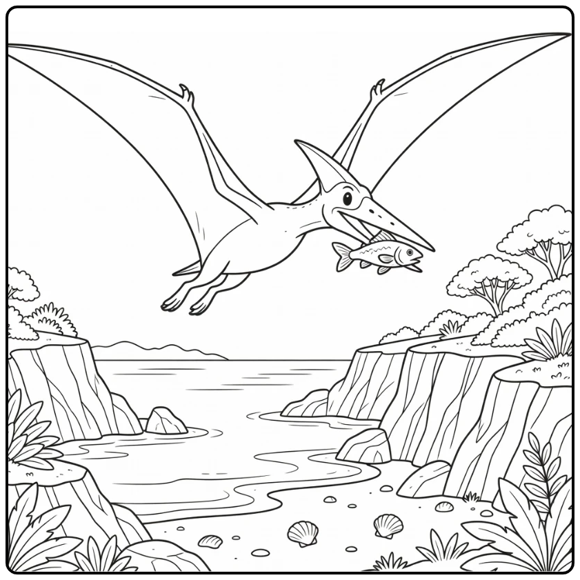 Pteranodon carnivore dinosaur coloring page with coastal view