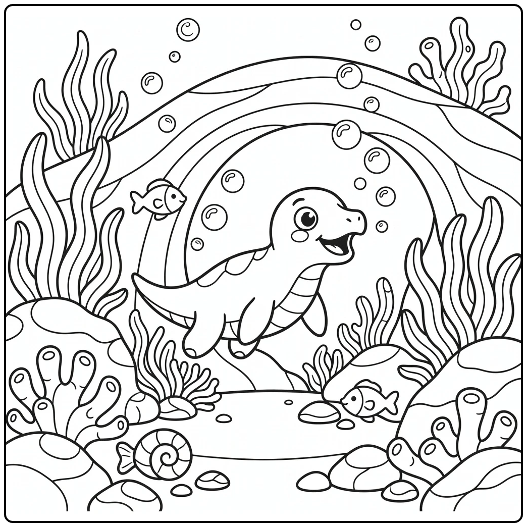 Funny dinosaur coloring page with surprised baby Ichthyosaurus