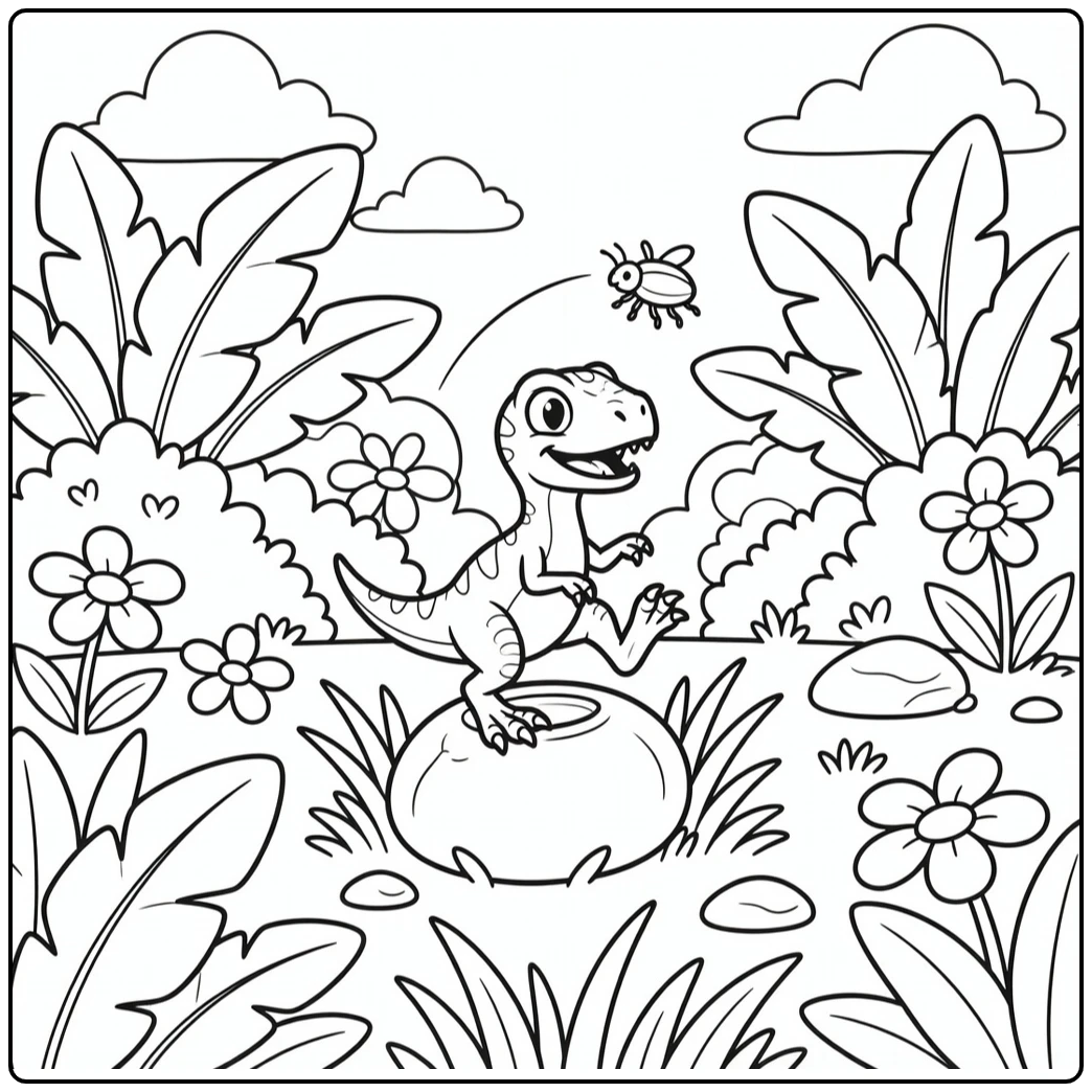 funny dinosaur coloring page baby Compsognathus chasing beetle