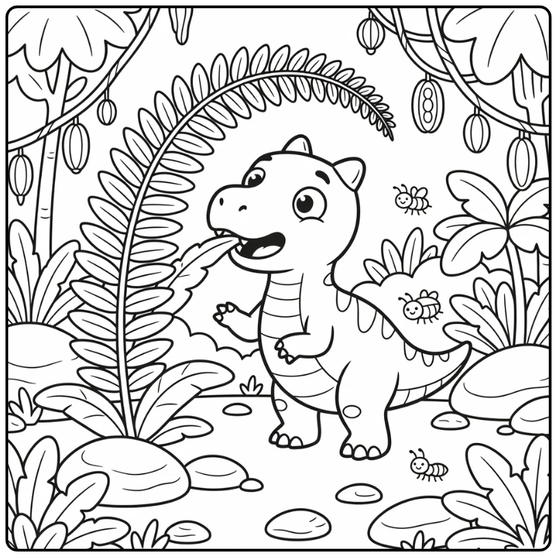 Funny dinosaur coloring page of Iguanodon tickled by fern leaf