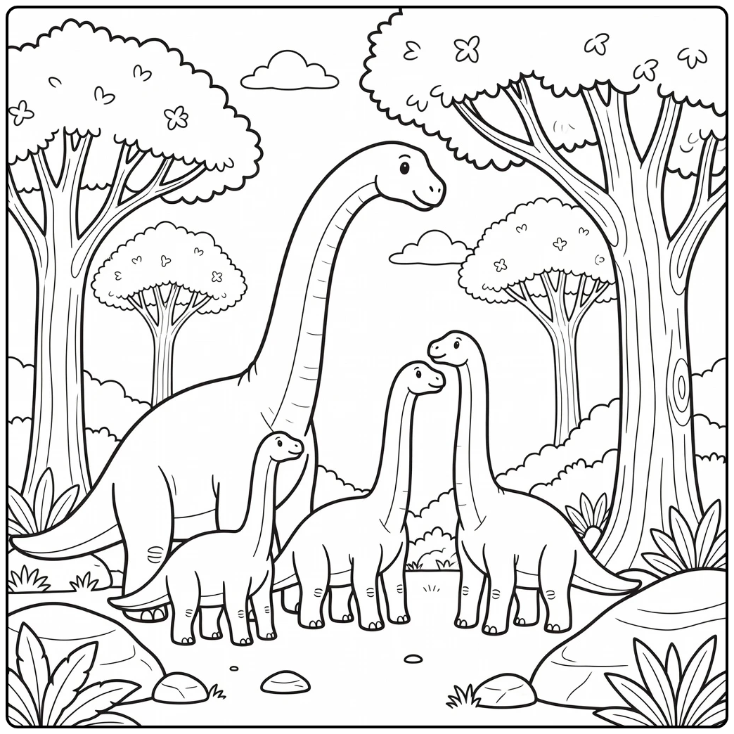 Brachiosaurus dinosaur family coloring page with trees
