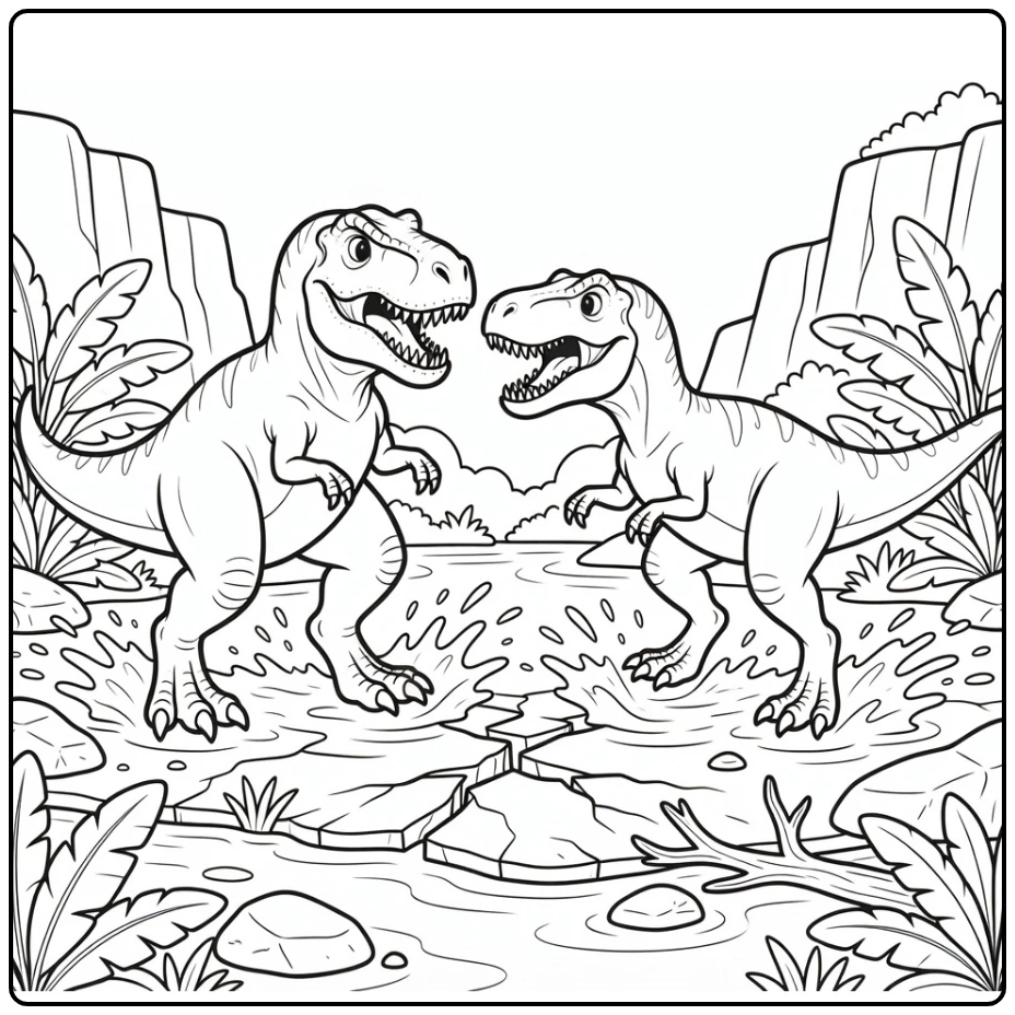 giganotosaurus vs t rex coloring page with clashing dinosaurs