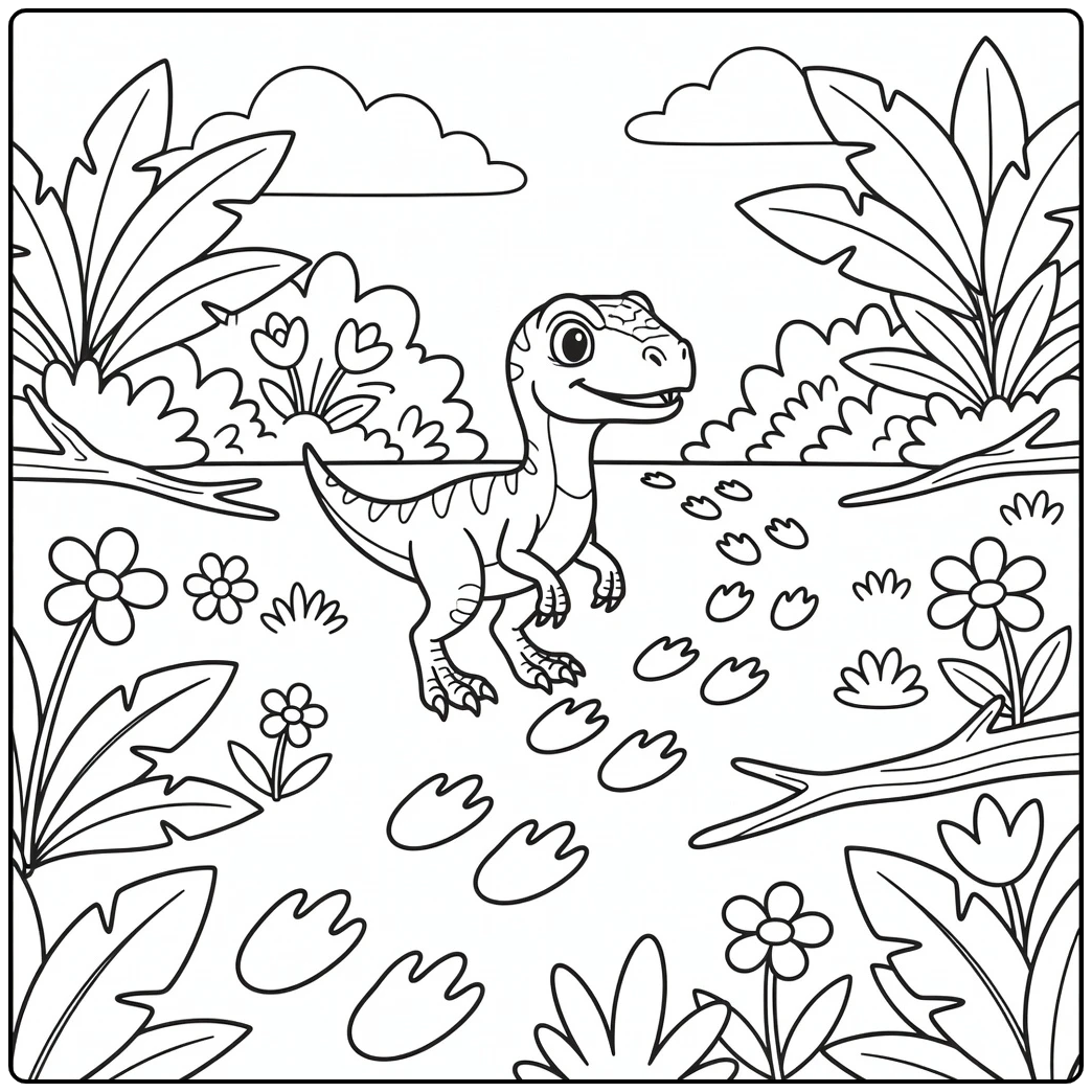 Girl dinosaur coloring page baby Velociraptor flower trail