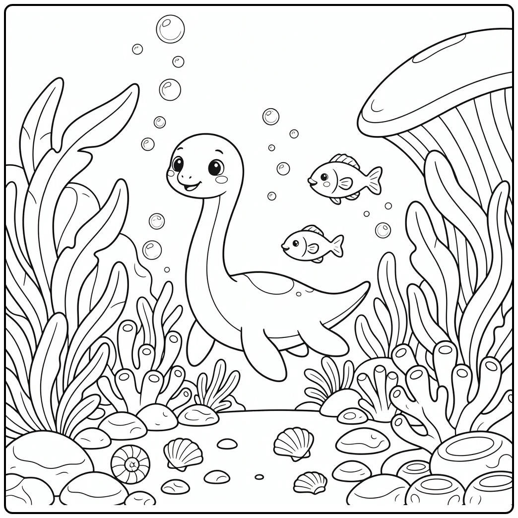 Girl dinosaur coloring page with baby Plesiosaurus underwater