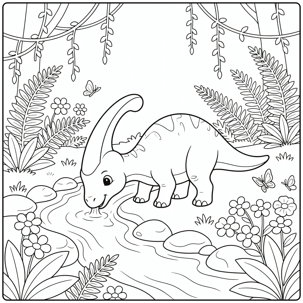 girl dinosaur coloring page of baby Parasaurolophus by stream