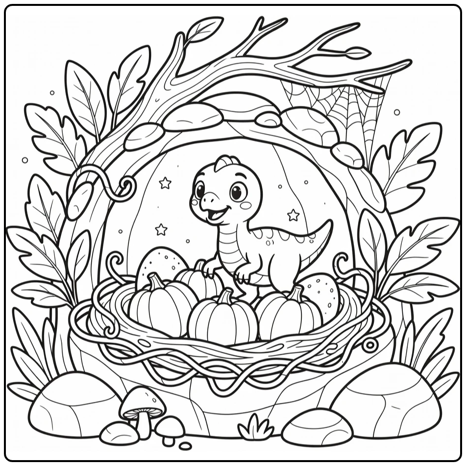 halloween dinosaur coloring page Oviraptor with pumpkin eggs