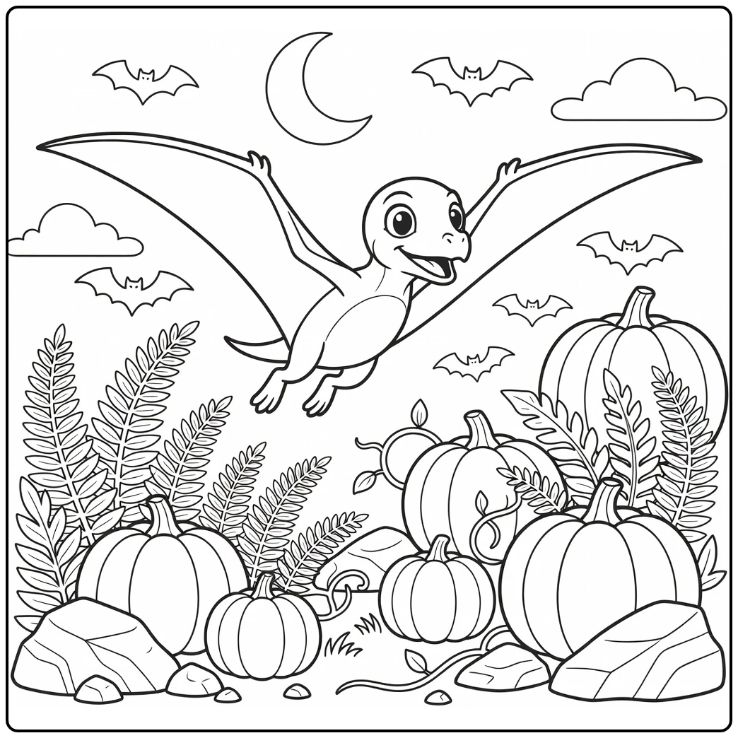 halloween dinosaur coloring page baby Rhamphorhynchus over pumpkins