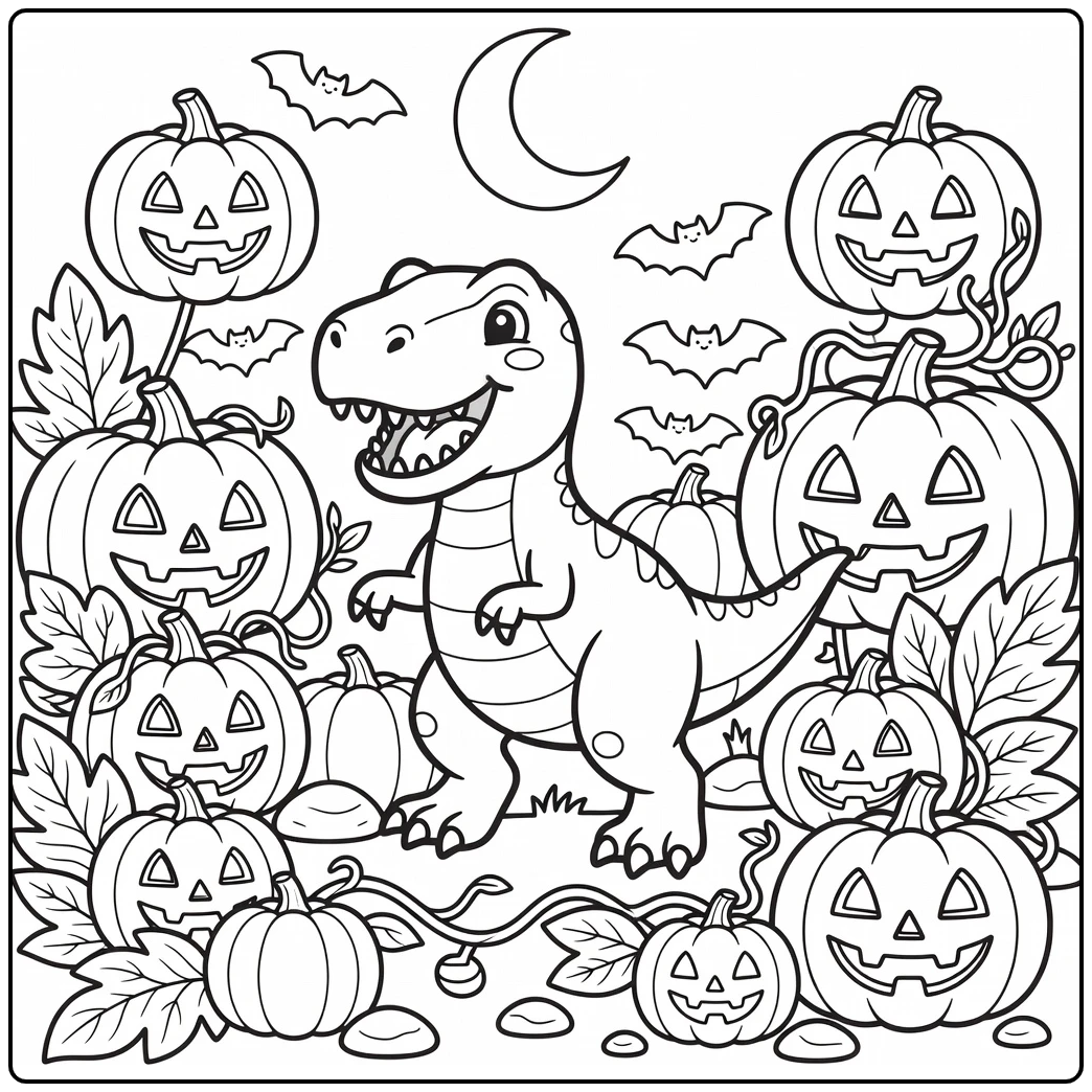 halloween t rex coloring page of T-rex in pumpkin patch