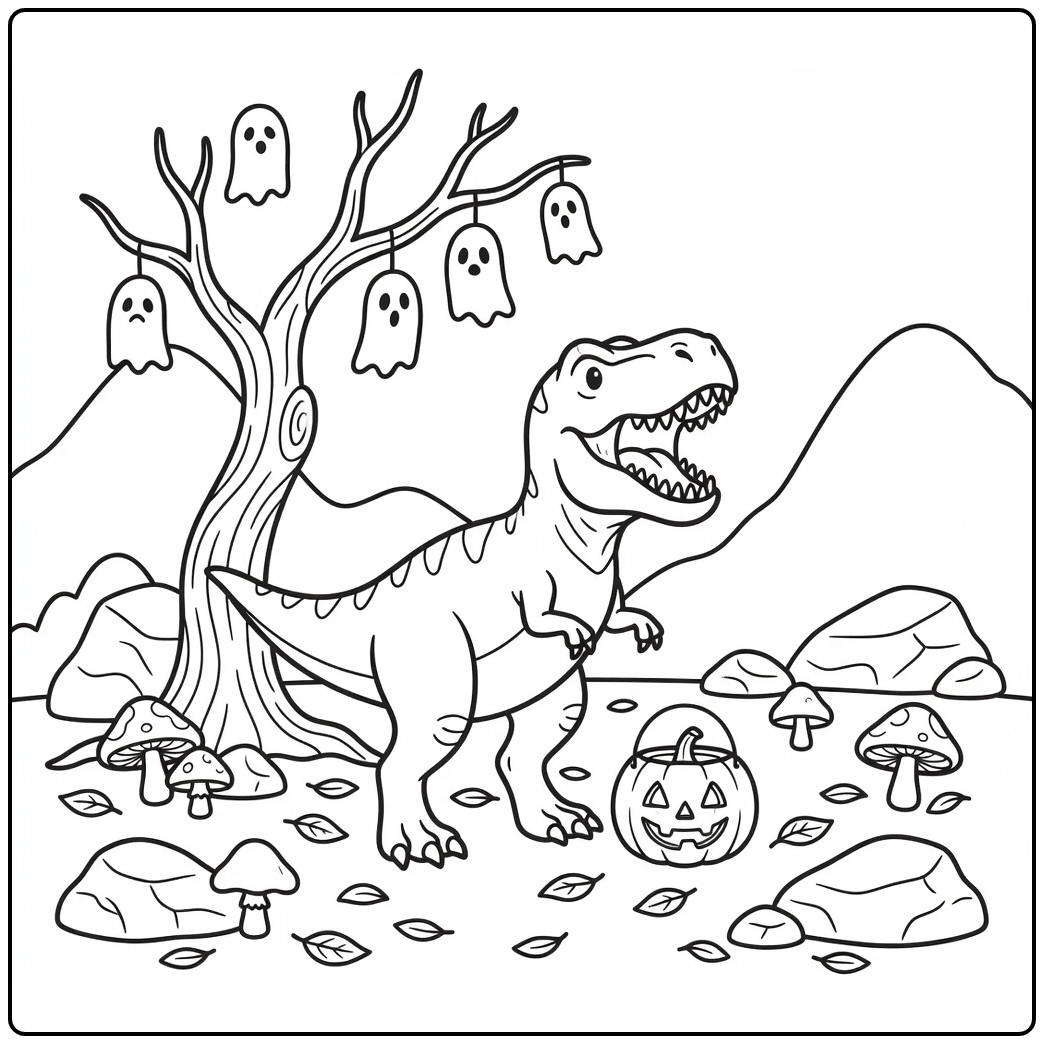halloween t rex coloring page with roaring dinosaur and tree