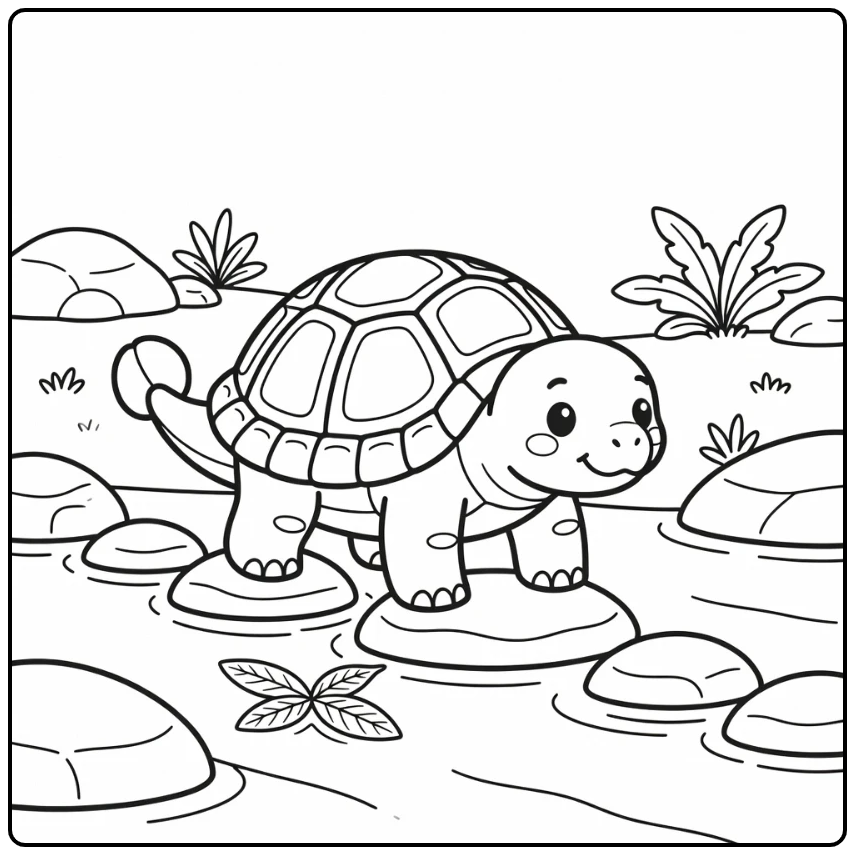 Hybrid dinosaur coloring page with turtle-shelled ankylosaurus crossing river