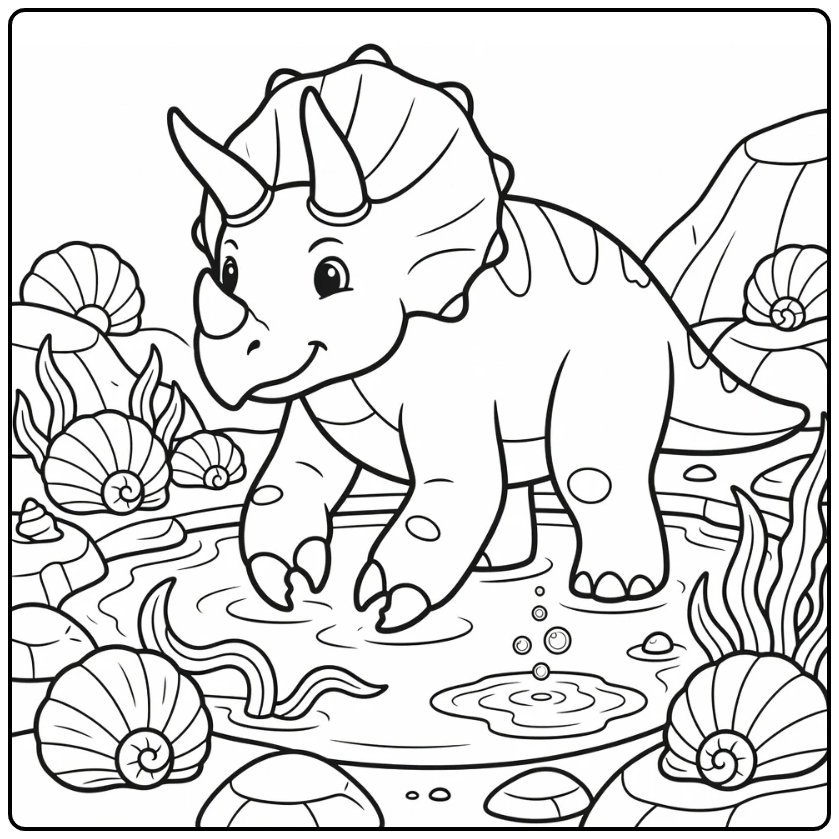 hybrid dinosaur coloring page of crab-clawed triceratops in tide pool