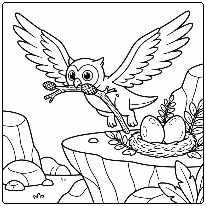 hybrid dinosaur coloring page with owl-winged raptor and eggs